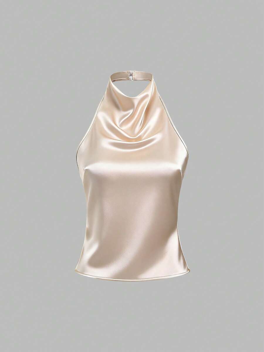 Sweetra Elegant Tied Bandage Halter Backless Crop Top - Apricot - View 1