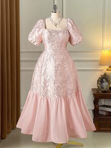 Rometta 大码优雅法式方领提花雪纺拼接长裙，适合春夏、上学、度假、毕业典礼、节日、情人节、圣诞节、音乐节、母亲节、万圣节、感恩节、复活节、国庆节、舞会、生日、约会、婚礼、郊游等场合。 - 粉色 - 查看 10