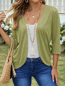 EMERY ROSE Vacation Casual Solid Color Lightweight Cardigan Green Sweaters For Women Solid Color Tops - Army Green - View 1