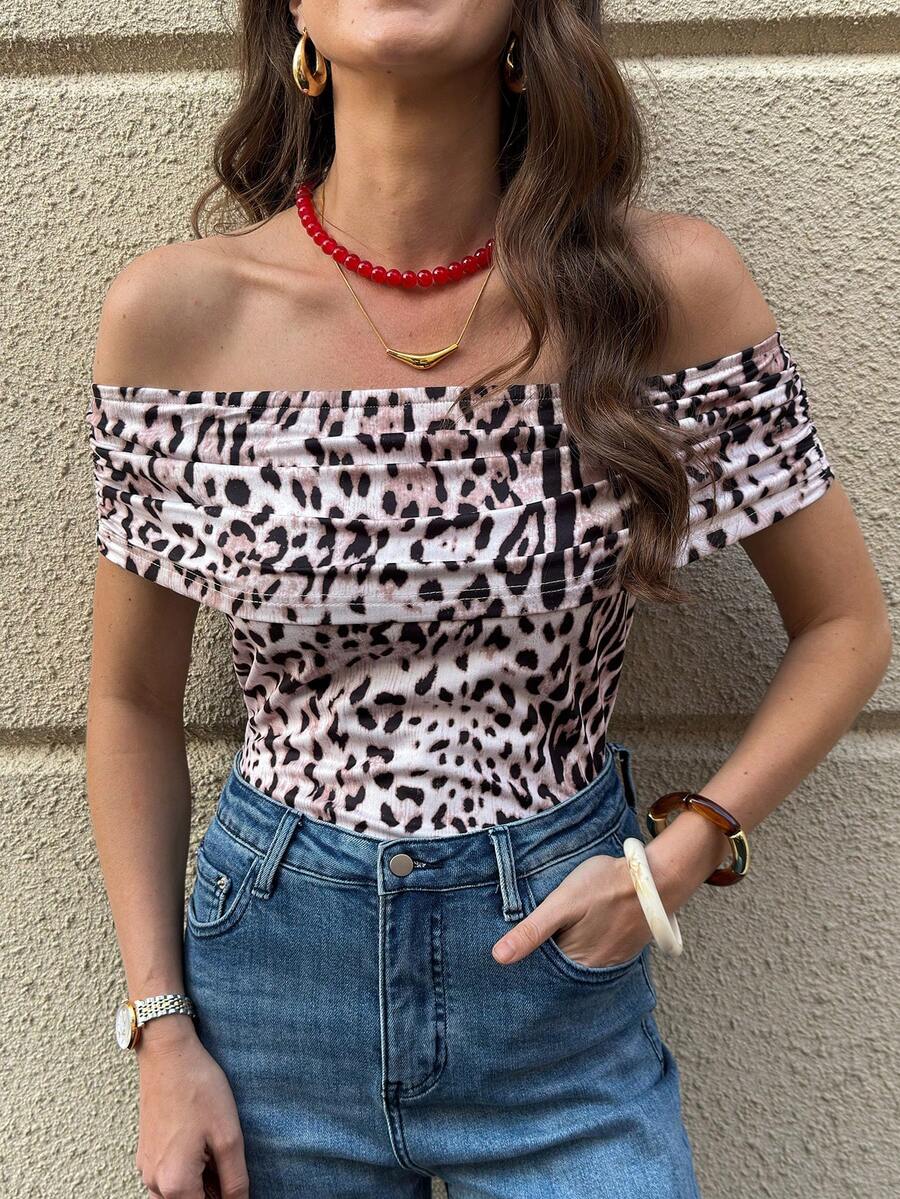 Solivie Women's Leopard Print Ruched Off-Shoulder Fashion T-Shirt - Multicolor - View 1