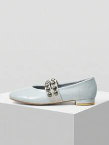 MOTF PREMIUM WOMEN ROUND TOE BALLET FLATS, ELASTIC PEARL DECOR CASUAL COMFY ELEGANT FASHIONABLE SHOES, SUITABLE FOR SPRING, SUMMER, AUTUMN - Baby Blue - View 5