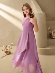 Elegant Purple Lace Chiffon Dress For Tween GirlsSuitable For Evening Party, Christmas, Prom, Wedding, Graduation And Other Occasions - Purple - View 3