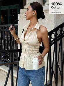 Siren Gaze Women's Sleeveless Halter Backless Blouse, Casual Summer 100% Cotton Shirt, Office Lady Wear, Linen Clothing - Apricot - View 1