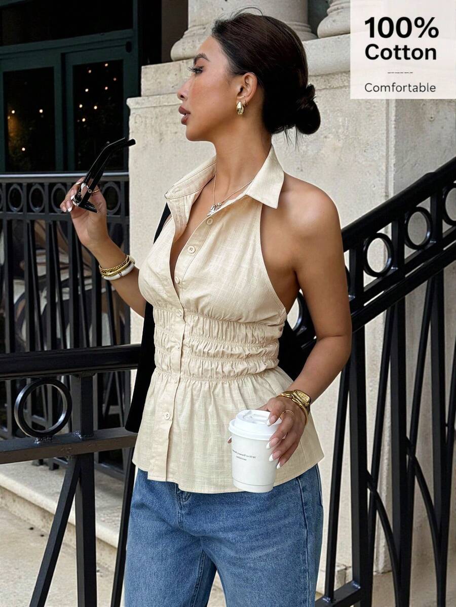 Siren Gaze Women's Sleeveless Halter Backless Blouse, Casual Summer 100% Cotton Shirt, Office Lady Wear, Linen Clothing - Apricot - View 1