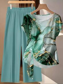 SHEIN Clasi 休闲简约风蓝绿色仿箔抽象花卉图案女式衬衫，配蝴蝶结领带和黑色宽松直筒裤两件套，适合秋冬季节，复古风格 - 彩色 - 查看 6