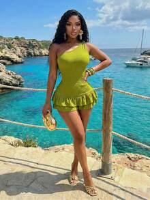 Slaydiva Jumpsuit Wanita Ukuran Besar Warna Hijau Zaitun untuk Liburan Musim Panas di Pantai, Model Satu Bahu dengan Simpul dan Tekstur Berlapis-lapis, Rompi Liburan Elegan dan Pas Badan - Hijau - View 6