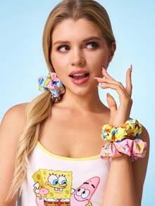 SpongeBob SquarePants | SHEIN 3 chiếc dây buộc tóc in hình hoạt hình dễ thương với màu sắc kẹo ngọt, thích hợp dùng ở nhà hoặc đi chơi, đặc biệt là cho kiểu tóc đuôi ngựa cao. - Nhiều màu - Xem 9