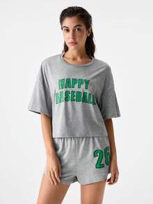 Miss Vinta Letter Graphic Drop Shoulder Top & Shorts Lounge Set Outfit - Light Grey - View 3