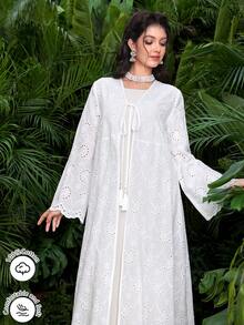 SHEIN Najma Spring/Summer Fashionable Casual Long Cotton Embroidered Open-Front Long Sleeve Wide-Hem Robe/Outerwear White Abaya Gown - White - View 8