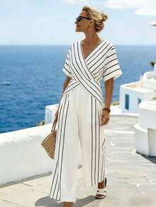 EMERY ROSE Plus Size Striped Criss-Cross V-Neck Short Sleeve Jumpsuit - Apricot - View 1