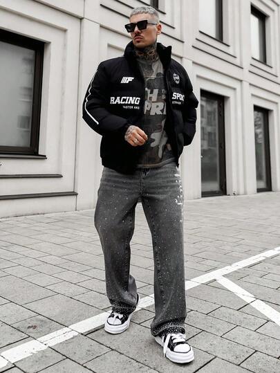 Artur Kramer 男士摩托车立领字母印花插肩袖休闲冬季外套，赛车运动外套，秋季