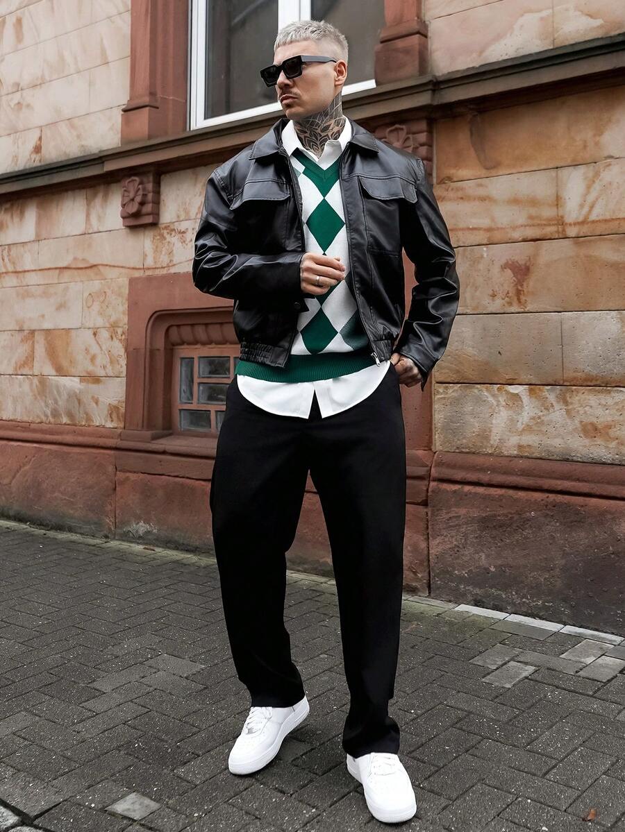 Artur Kramer 男士短款黑色皮夹克，秋冬 - 黑色 - 查看 1