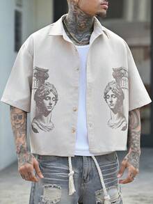 Devon Thys 男士罗马肖像印花短袖单排扣休闲衬衫 - 杏色 - 查看 3