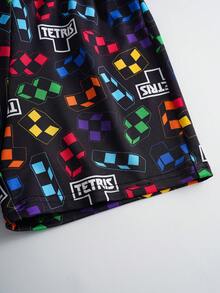 Tetris™ X SHEIN Young Boy Letter & Geometric Print Round Neck Short Sleeve T-Shirt And Shorts Casual Daily Outfit - Black - View 6