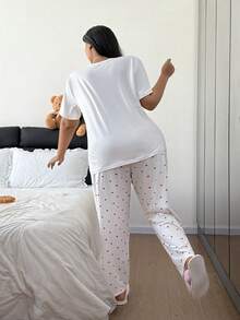 SHEIN 加大码爱心印花短袖睡衣套装 - 米色 - 查看 2