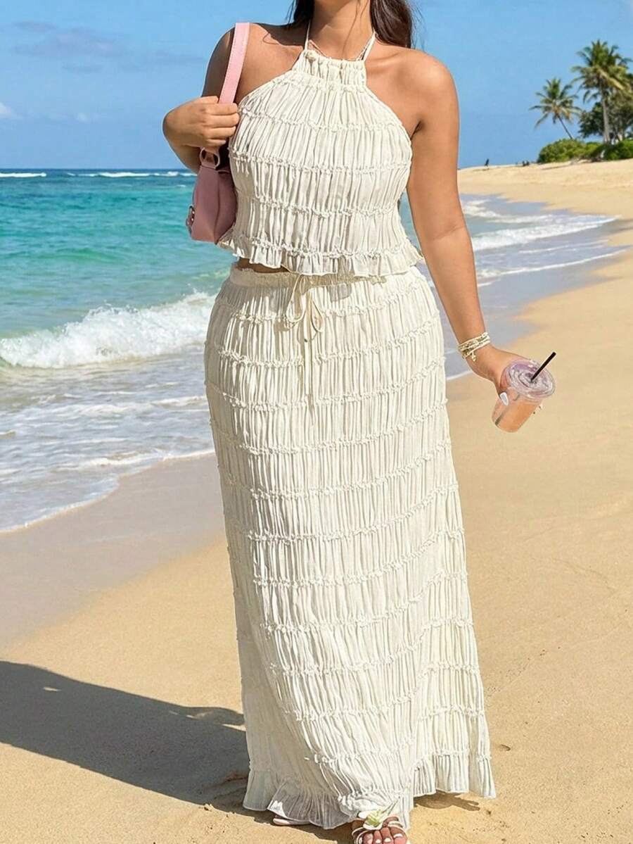 GalTyme 大码女装假日纯色荷叶边吊带上衣和迷你裙时尚两件套 - 杏色 - 查看 1