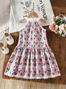 SHEIN Toddler Girls' Sweet Elegant Vacation Floral Embroidery 3-Tier Ruffle Bow Halter Dress, French Country Style, Spring/Summer - Pink - View 3
