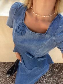 DAZY 女士休闲水洗3D立体花朵领花瓣袖上衣和牛仔裙两件套，春夏款 - 中等水洗藍 - 查看 1