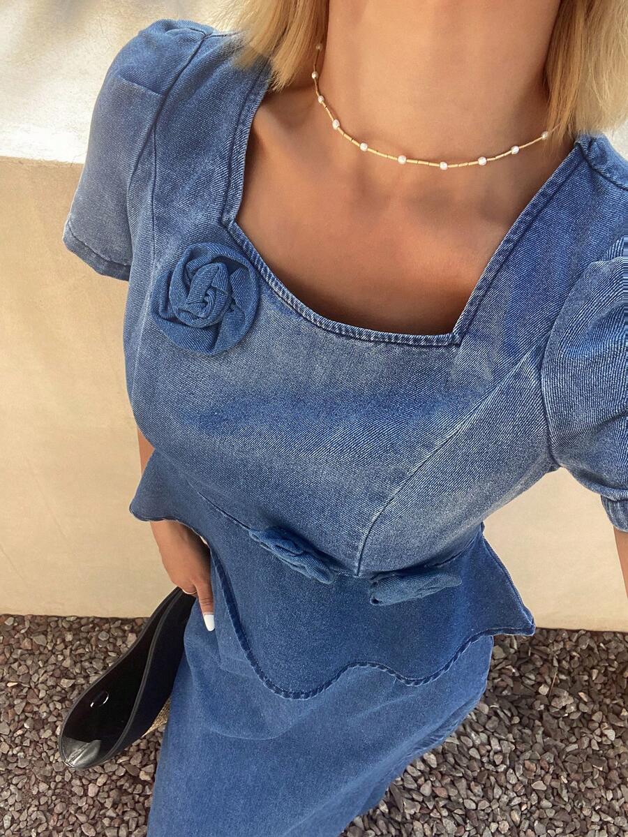 DAZY 女士休闲水洗3D立体花朵领花瓣袖上衣和牛仔裙两件套，春夏款 - 中等水洗藍 - 查看 1