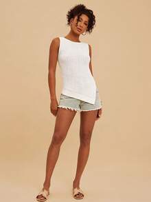 Travachic Nuevo Llegada Primavera/Verano 2026, Chaleco de punto asimétrico sin mangas con diseño calado para mujer, ideal para vacaciones - Blanco - Ver 5