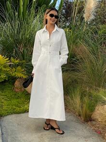 DAZY 女士翻领收腰长款休闲牛仔连衣裙 - 白色 - 查看 3