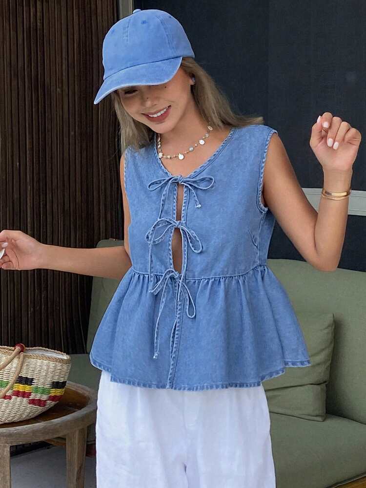 Women's Summer Round Neck Sleeveless Tie-Waist Casual Denim Top With Ruffle Hem And Bow Accent