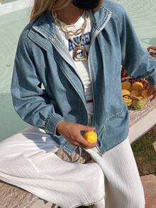 DAZY 女士立领收腰宽松休闲牛仔夹克外套 - 中等水洗藍 - 查看 3