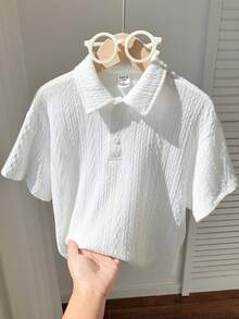 SHEIN Little Byeori 1件男童休闲、舒适、时尚、百搭、柔软、宽松短袖polo衫，适合春、夏、秋季日常穿着、运动、郊游、上学、聚会、节日、拍照等场合。 - 白色 - 查看 7