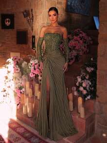 Glamrae 优雅橄榄绿波浪形串珠蕾丝缎面拼接无肩带薄纱长袖鱼尾高开衩长裙，适合约会、婚礼、派对、晚宴、度假等场合。 - 橄欖綠 - 查看 1