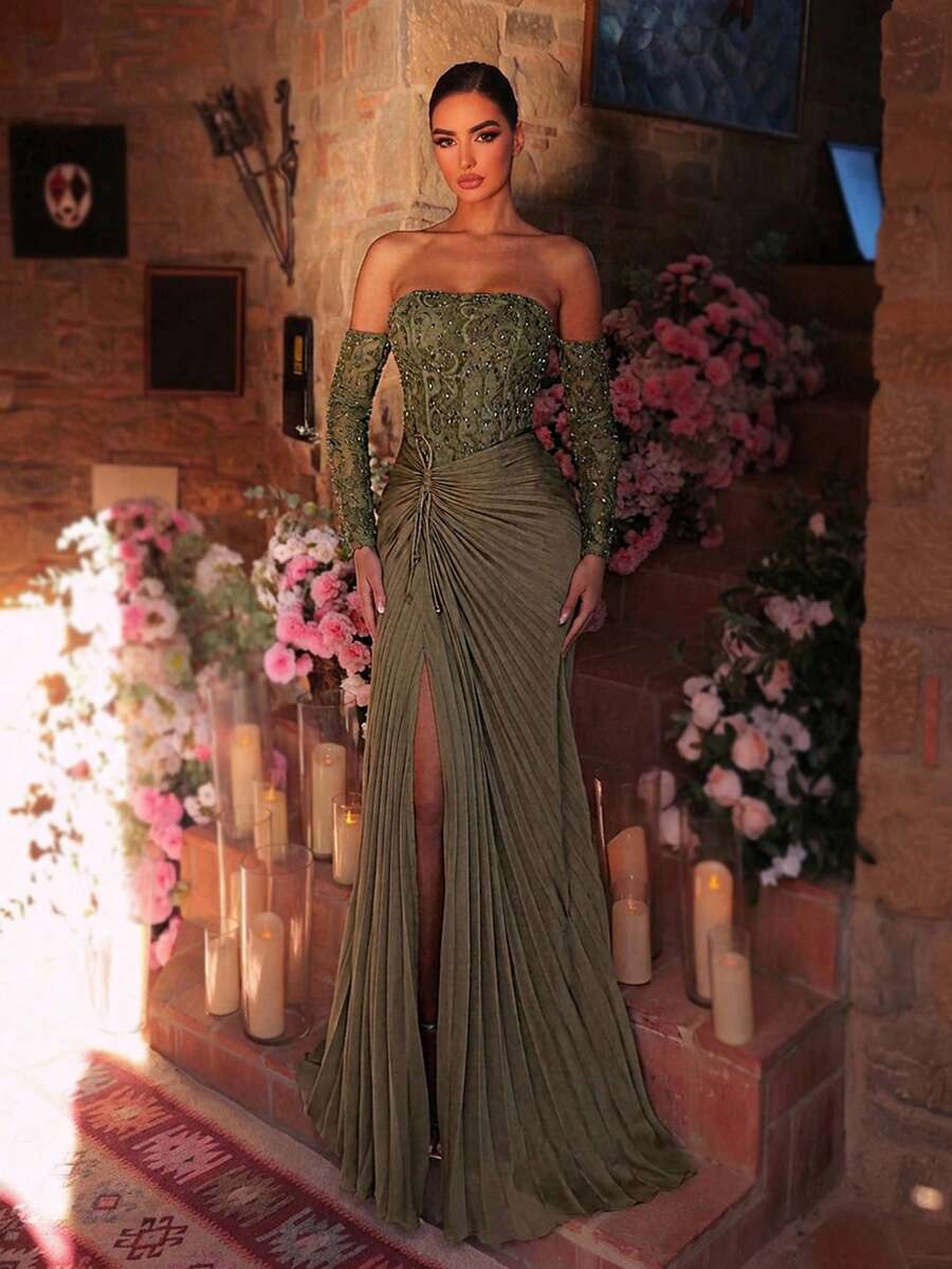 Glamrae 优雅橄榄绿波浪形串珠蕾丝缎面拼接无肩带薄纱长袖鱼尾高开衩长裙，适合约会、婚礼、派对、晚宴、度假等场合。 - 橄欖綠 - 查看 1