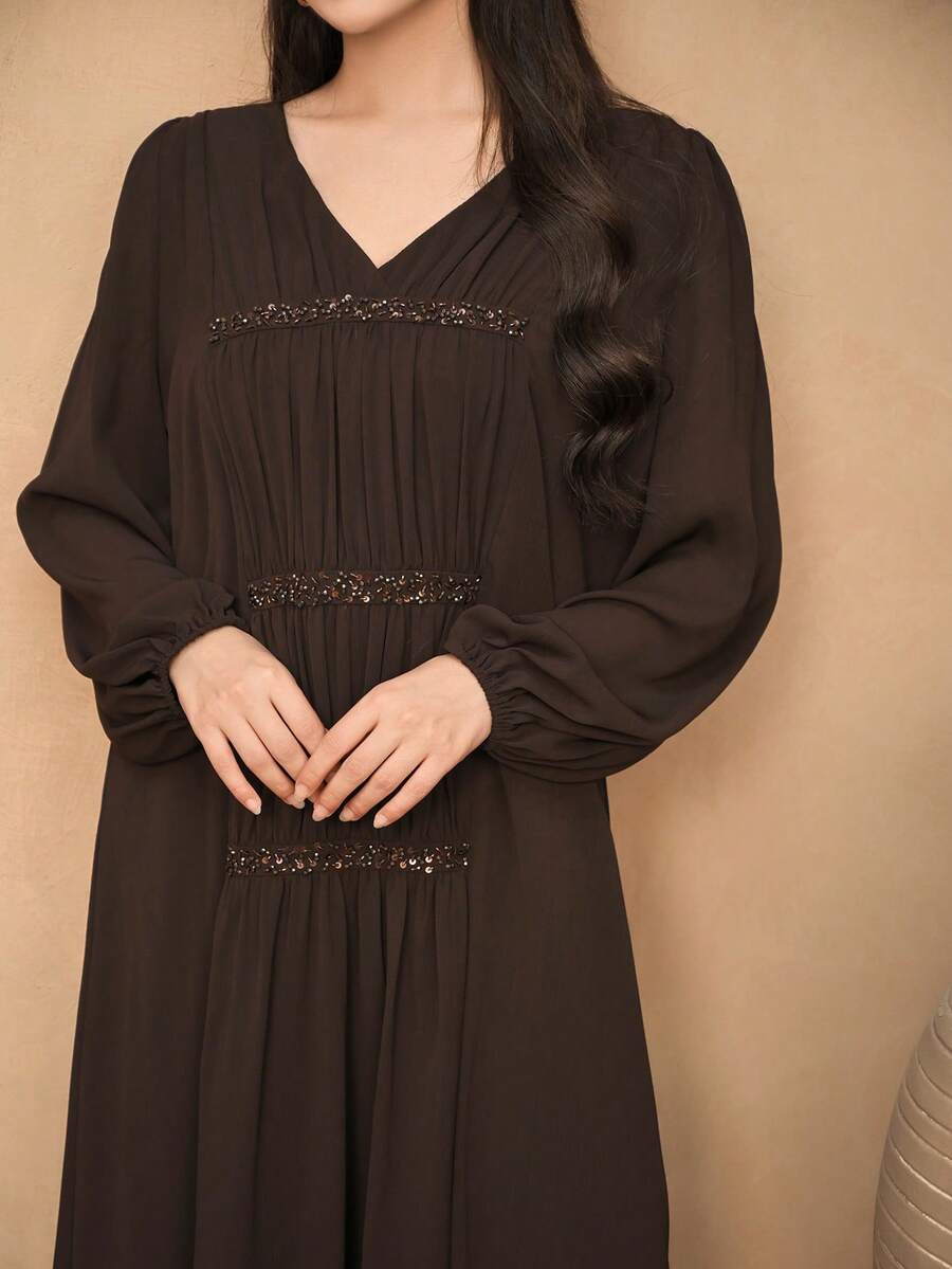 DAZY Shiny Sequin Design Pleated Petal Sleeve Straight Dress, Brown, Fashion Casual Midi Dress For Wedding Party, Spring/Summer - Brown - View 1