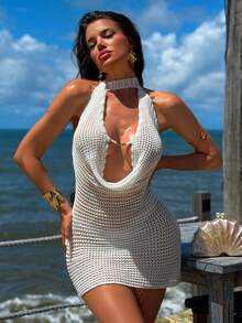 Swim SXY 白色镂空针织深V领设计，金属管装饰，垂褶颈部系带性感露背沙滩罩衫 - 白色 - 查看 1