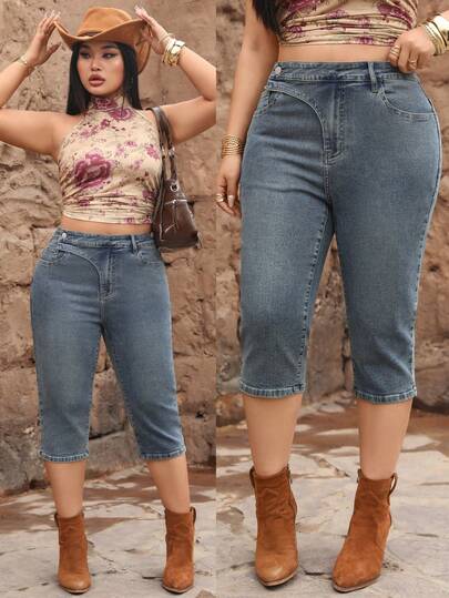 Jeanoix 大码时尚休闲百搭Y2K复古风七分牛仔裤