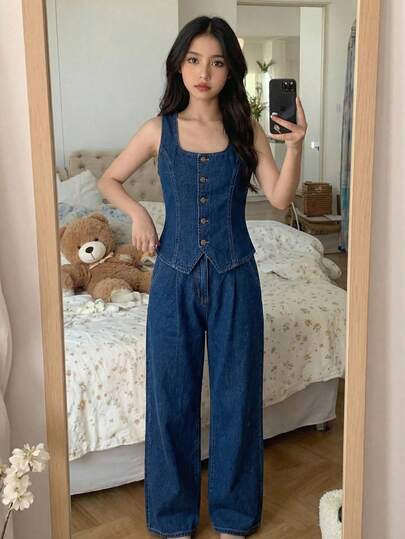 SHEIN 2Pcs Tween Girls Fashion Casual Y2k Vintage Cool Street Loose And Comfortable Blue Denim Sleeveless Jacket And Pleated Design Loose And Comfortable Jeans For Kids Clothes Tween Girls Dailywear And Kids Spring To Summer Rave Outfits Festival And Outfits Streetwear Clothes