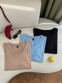 Comfortcana 3pcs/Set Plus Size Casual V-Neck T-Shirts, Spring/Summer, Summer Tops - Multicolor - View 5