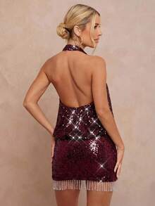 Lumalex 亮片串珠装饰露背紧身迷你连衣裙，饰有人造水晶流苏，性感贴身，适合女性 - 酒紅色 - 查看 2