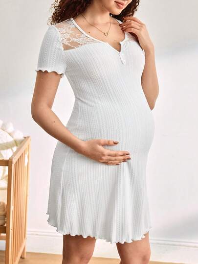 Moonlight&Mama Lace Patchwork Casual Maternity Nightgown For Daily Wear