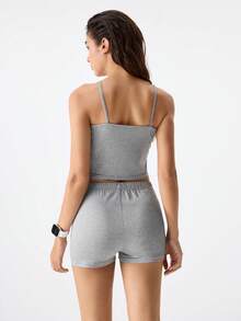 女士休闲简约吊带背心和短裤睡衣套装 - 灰色 - 查看 2