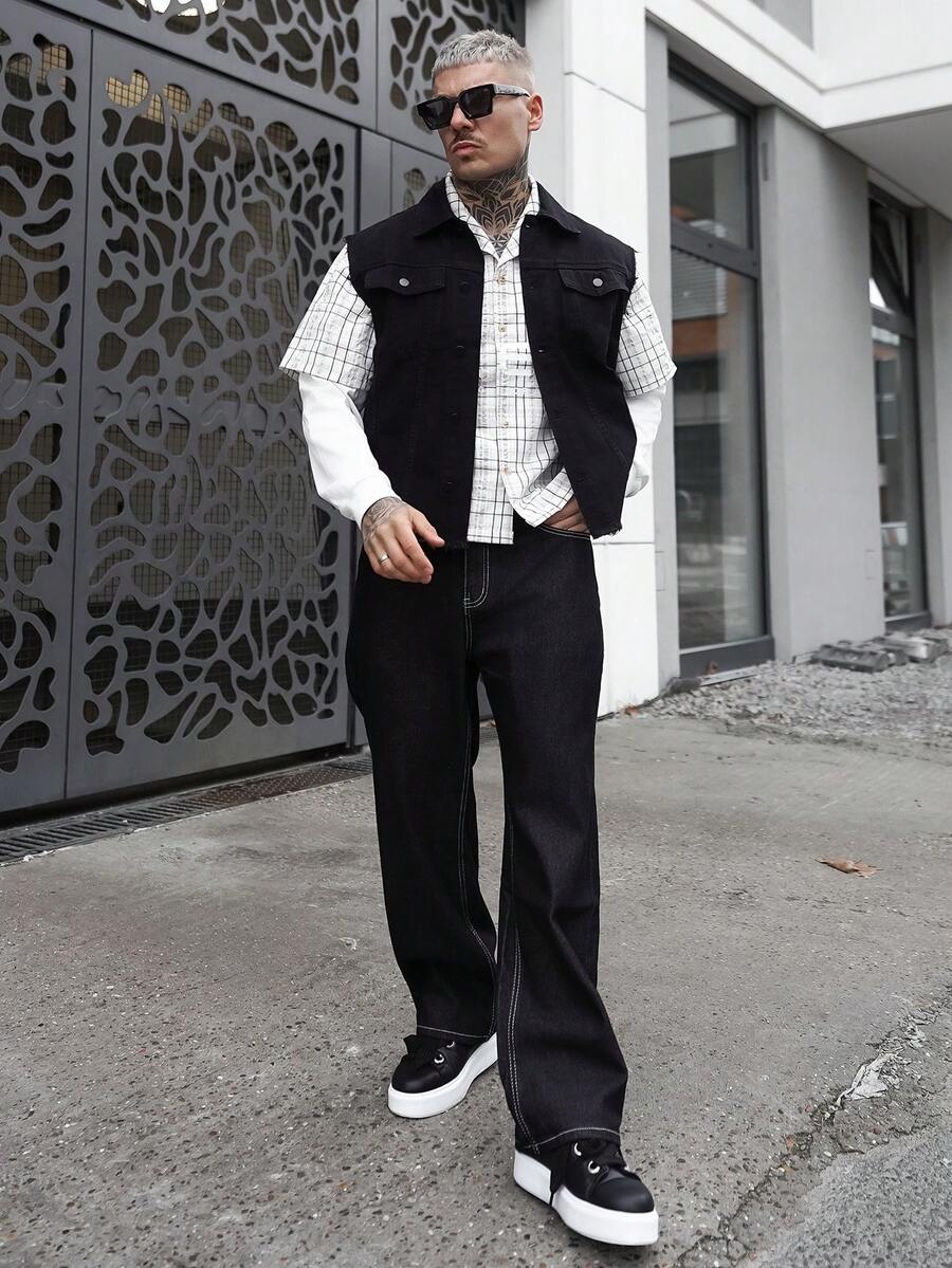 Artur Kramer 男士几何图案口袋直筒休闲牛仔裤，适合外出聚会、通勤、度假、街头、垃圾摇滚风 - 黑色 - 查看 1