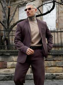 Artur Kramer 男士纯色立领长袖夹克和裤子休闲西装套装，秋季 - 咖啡棕 - 查看 4