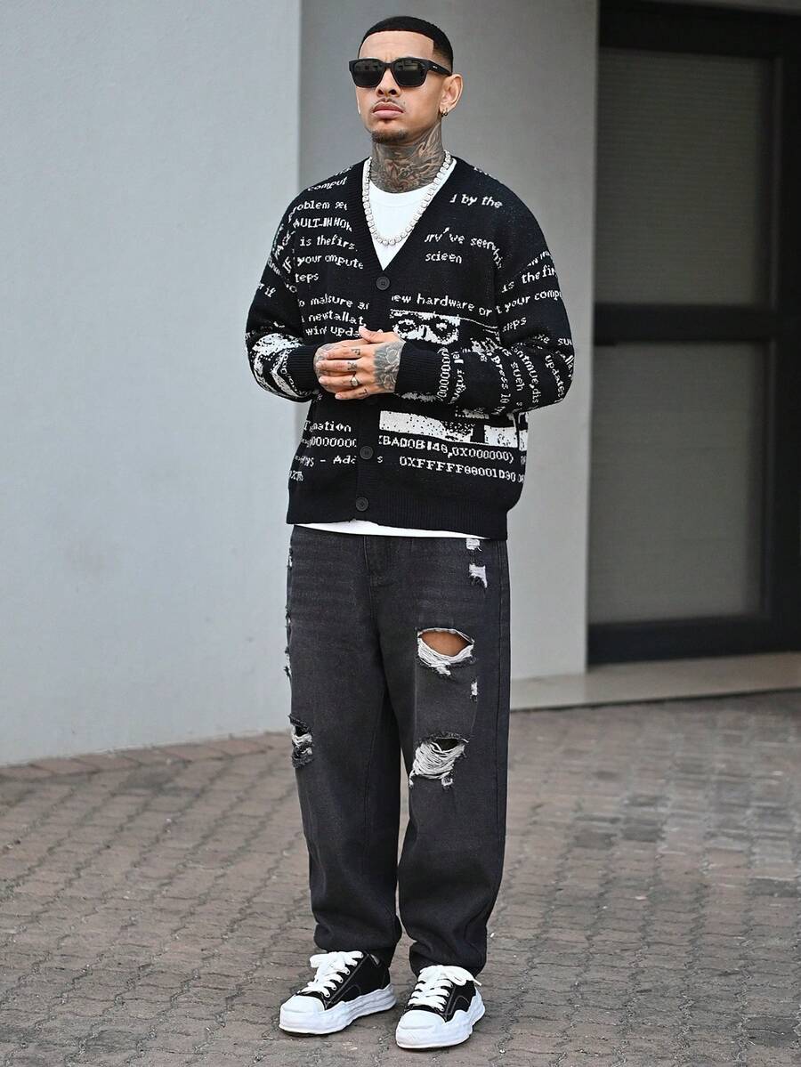 Devon Thys 宽松男式破洞洗水牛仔裤 - 深灰色 - 查看 1