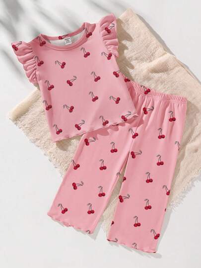 2pcs/Set Cute Baby Girls' Summer Series Design, Pink Cherry Full Print And White Spring Ditsy Floral, Ruffle Sleeve Cap Sleeve Pants Pajama Sets