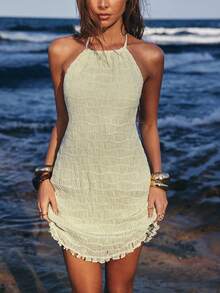 女士纯色露背吊带迷你连衣裙，适合海滩度假 - 綠色 - 查看 3