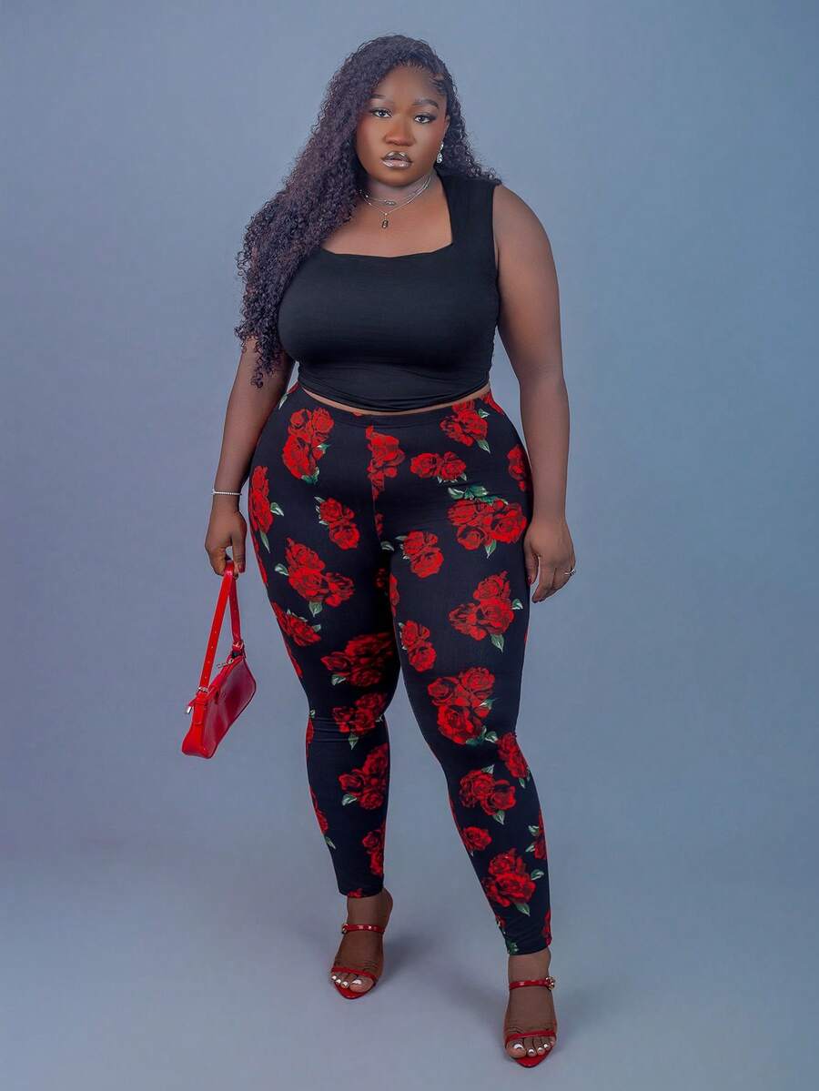 CurvyTilda 大碼滿版印花緊身打底褲 - 彩色 - 查看 1