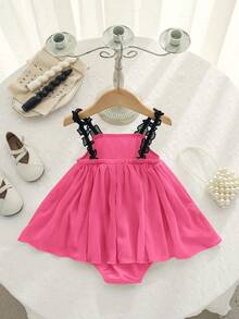 Newborn Baby Girl Cute & Elegant Apricot Bow Decor Sleeveless Romper, Summer - Hot Pink - View 8