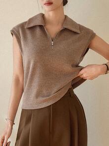 DAZY 女士夏季 Polo 领短袖半开襟休闲套头 T 恤 - 卡其色 - 查看 4
