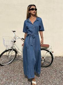 DAZY Women's Collared Belted Short Sleeve Casual Denim Dress - Medium Wash - View 6