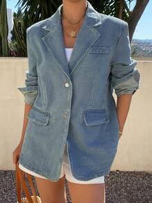 DAZY Chaqueta vaquera de mujer con solapa, chaqueta vaquera lavada de ajuste holgado informal - Azul lavado medio - Ver 6