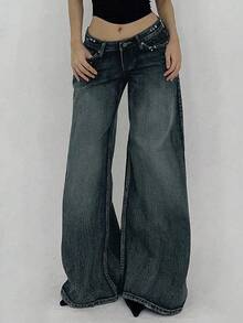 Dazy Tall Quần jeans ống loe thanh lịch dành cho nữ cao, điểm nhấn đinh tán, kiểu dáng gợi cảm thường ngày. - Rửa tối - Xem 3