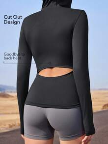 OutZeal 女士运动夹克跑步健身普拉提速干弹力修身拉链连帽运动上衣 - 黑色 - 查看 3